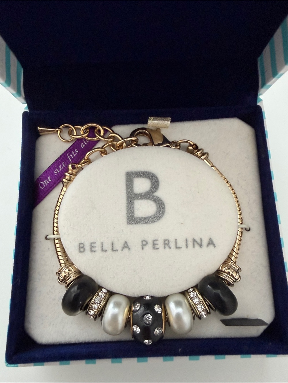 NWT! Bella Perlina Black White Beaded Charm Bracelet Gold Tone